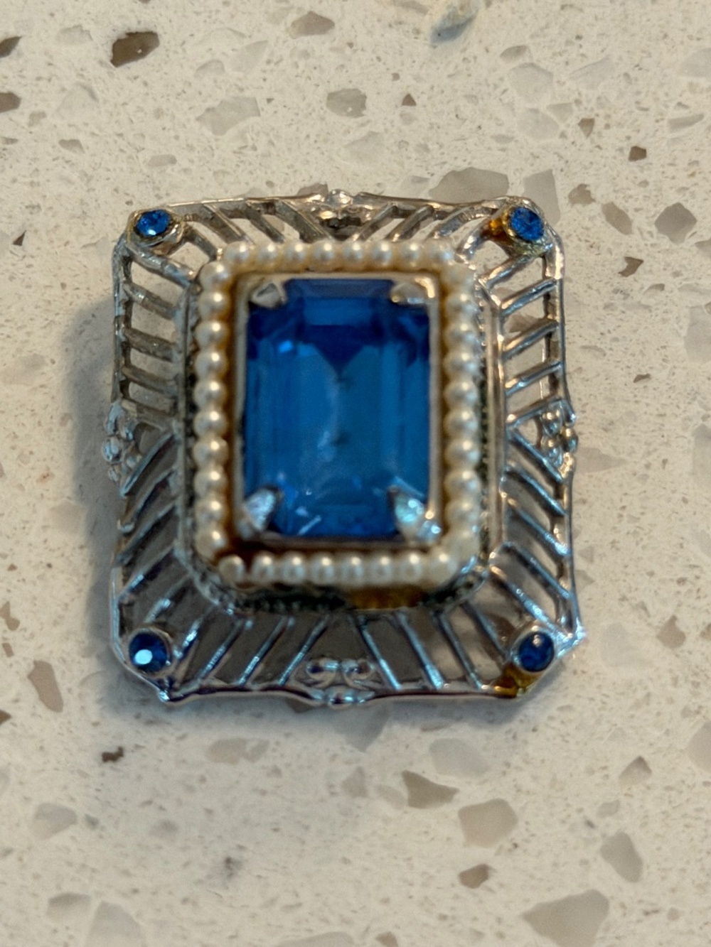 Vintage Gold Tone, Pearl And Blue Glass Brooch